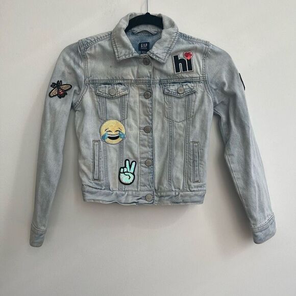 Gap Kids Button-Down Sequin Patches Denim Jacket Light Wash Blue Size M - Picture 1 of 13
